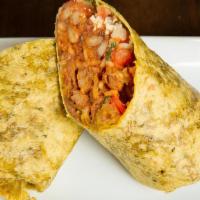 The Asada Burrito · Carne Asada, Peppers, Onion, Refried Beans, Rice, Pico, Queso Fresco, Chimichurri