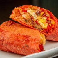 Rise & Shine Burrito · Choice of Protein, Eggs, Onions, Peppers, Cheddar, Rice, Refried Beans, Pico, Bacon