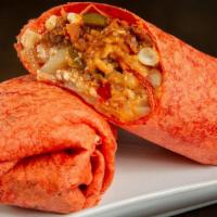 Los Veggies Burrito · Onion, Poblano Pepper, Red Bell Pepper, Potatoes, Corn, Refried Beans, Rice, Cheese Sauce, Q...
