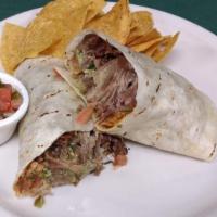 Steak Wrap · A spinach tortilla filled with marinated carne asada, romaine lettuce, Mexican cheese, torti...