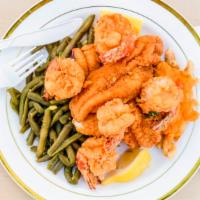 Fried Shrimp And Fish Basket · 2 pieces of fish and 4 jumbo shrimp with 2 sides of the day.  In notes please state white or...