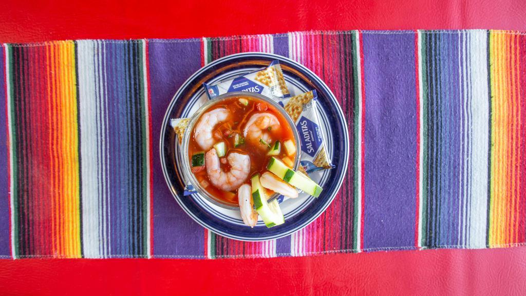 Shrimp Cocktail · A classic Mexican shrimp cocktail with shrimp, tomatoes, hot sauce, onion, cucumbers, diced avocado, and tomato sauce.

Consuming raw or under-cooked meats, poultry, seafood, selfish, or may increase your risk of food borne illness, especially if you have certain medical conditions.