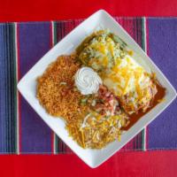 El Mexicano Burrito · Large flour tortilla stuffed with beans, cheese, and your choice of meat: chicken, beef or g...