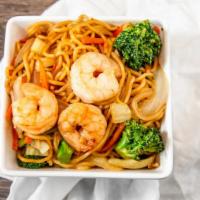Yakisoba Shrimp · Stir fried noodle with shrimp, broccoli, onion, carrot, napa