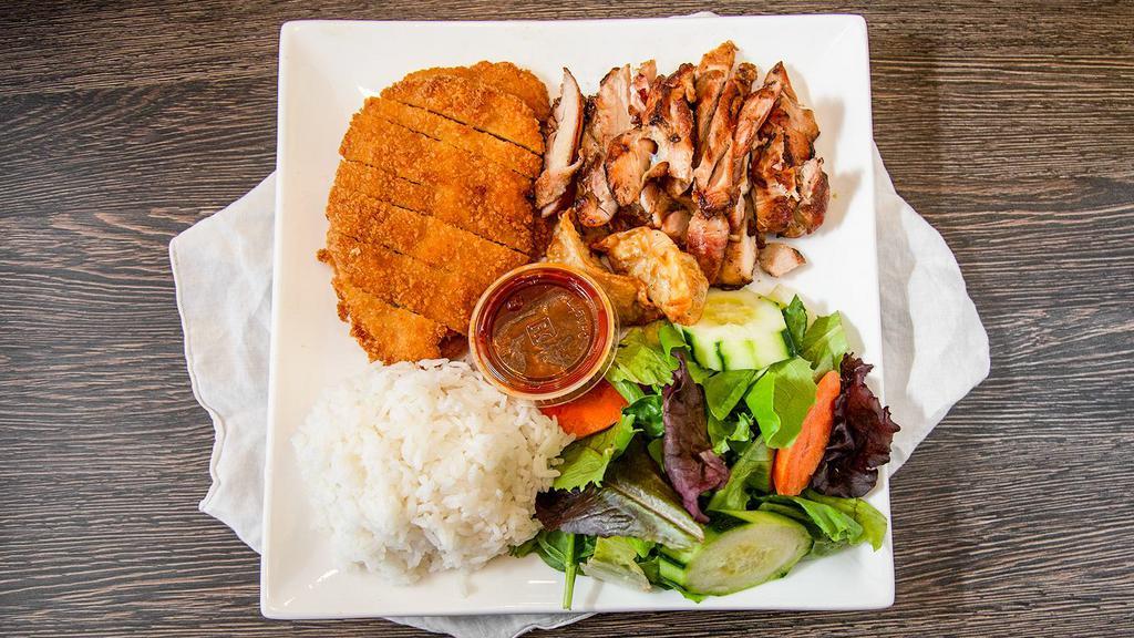 Obento · Combination of teriyaki chicken, katsu cutlet, gyoza served with two choice of sides.