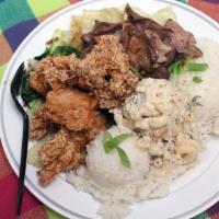 Honolulu Combo · Kalua pig, garlic chicken, two scoops of rice, mac salad & veggies.