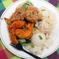 Mgwalexs Shrimp Combo · Sweet garlic shrimp, orange shrimp, two scoop of rice, mac salad & veggies