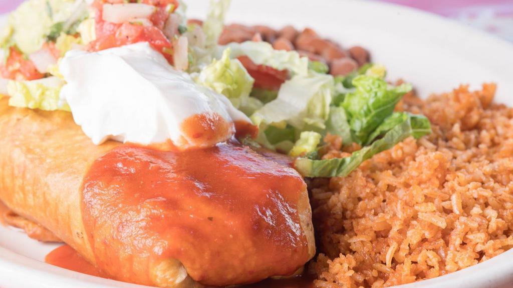 Chimichanga · Crispy flour tortilla burrito pico de gallo our Mexican cheese blend guacaMole filled with your choice of meat. Topped with lettuce and sour cream 12