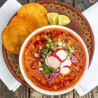 Pozole Rojo · Slow cooked pork soup with re-hydrated, cured, dried corn kernels (hominy), in a rich dried ...