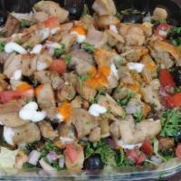  Chicken Over Salad · Romaine Lettuce, Tomato, Onion, Cucumber, Feta cheese, Dressing Salad, and Homemade garlic s...