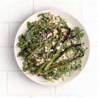 Grilled Asparagus Salad · Mixed lettuces, chopped egg, toasted hazelnuts, parmesan, lemon vinaigrette
