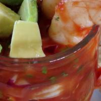 Shrimp Cocktail - Regular Price · Cooked shrimp
Cucumber
Celery
Red onions
Avocado
Cilantro 
Clamato