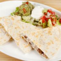 Quesadilla · Melted jack cheese, pico de gallo, hot sauce, and your choice of meat in a grilled flour tor...