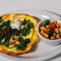 Smoke Salmon Frittata · House smoked salmon, wilted spinach, red onions, dill mascarpone, crispy capers, served with...