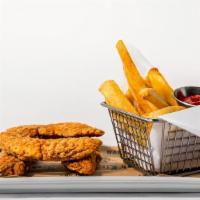 Kids Chicken Tenders · Golden fried herb-breaded chicken breast, choice of hash potatoes, French fries or fresh fru...