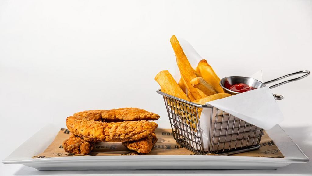 Kids Chicken Tenders · Golden fried herb-breaded chicken breast, choice of hash potatoes, French fries or fresh fruit.