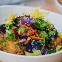Koi Kung Pao · Curry cauliflower, napa cabbage, celery, carrots, bean sprouts, peanuts, chili de arbol, mis...