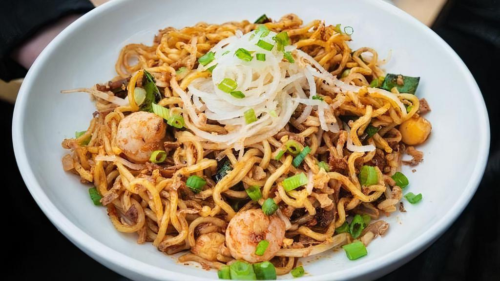 Xo Noodles · Yakisoba noodle, shrimp, scallop, pork belly, bean sprouts, diakon, and crispy shallots.. **XO sauce contains pork belly and shrimp which cannot be omitted.