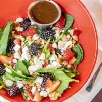 Spinach & Fruit · Spinach, fresh fruit (seasonal), feta cheese, and walnuts.