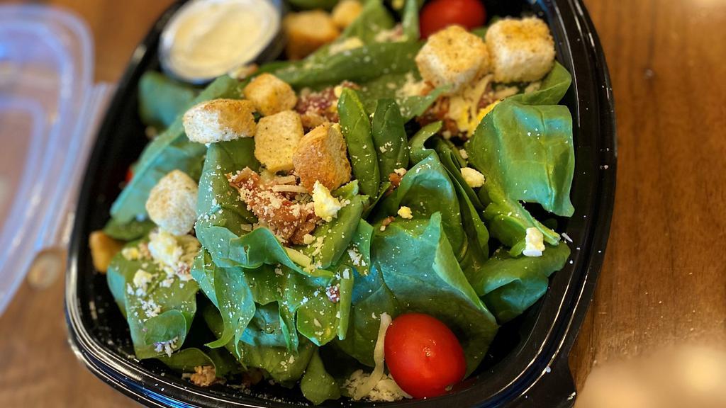 “13 Coins” Spinach Salad · Bacon, egg, tomato, aged Gruyere cheese, fresh croutons, dressing.