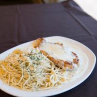 Breast Of Chicken Parmigiana · “The Believer” breaded chicken, cream sauce, melted mozzarella and Parmesan cheeses.