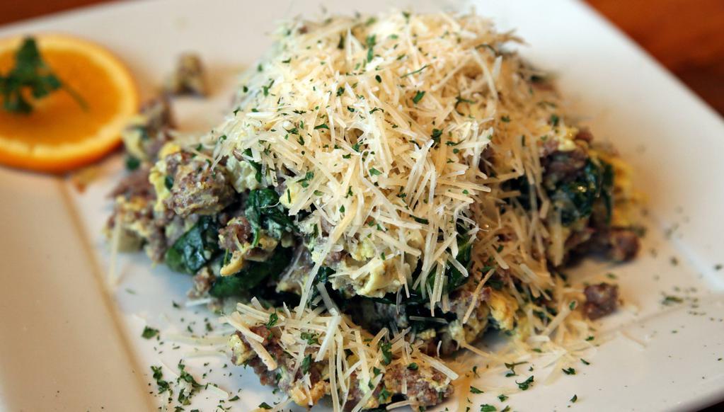 Joe’S Special · Fresh spinach, chopped sirloin, eggs, onion, and Parmesan cheese.