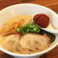 Spicy Tonkotsu Ramen · Pork broth, spicy sauce and thin noodles.