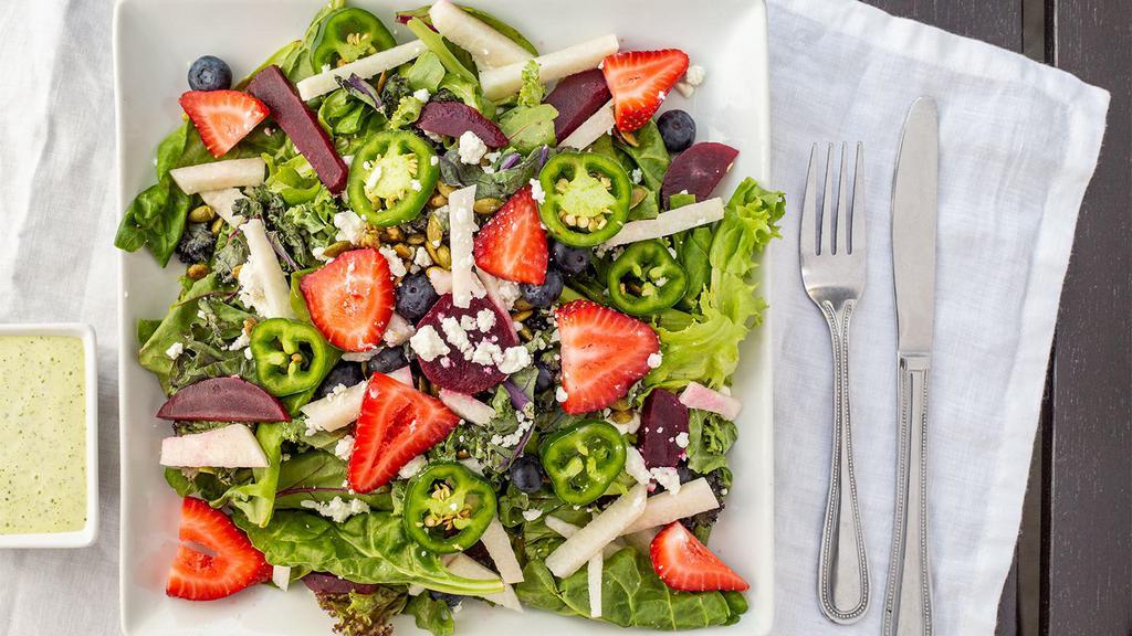 Super Food Berry Salad · Gluten free. Organic kale and mix greens, goat cheese, strawberries, blueberries, beets, jicama, jalapeños and toasted pepitas.