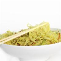 Singapore Rice Noodles · Spicy. Gluten free. Rice noodle, shredded vegetables, Dry red chili, curry oil.