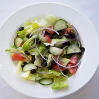 House Salad · Romaine lettuce, cucumber, tomatoes, black olives, and red onions.
