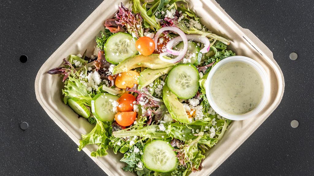 Green Goddess · Arugula, romaine, baby kale and red leaf blend, cucumbers, grape tomatoes and red onions with feta tossed in freshly made green goddess dressing and topped with avocado.