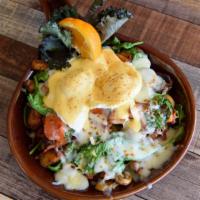 Florentine Hash · Red rose potatoes cooked golden brown with applewood bacon, baby spinach, oven roasted tomat...