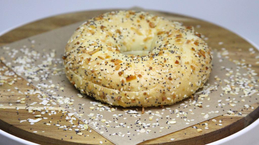 Everything Bagel · Baked with a topping of poppyseeds, Kosher salt, onion, garlic and sesame seeds ~ how can you go wrong?