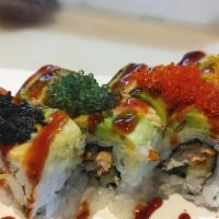 Caterpillar Roll* · Unagi and cucumber topped with layered avocado, 3 kinds of tobiko, and sweet soy glaze.