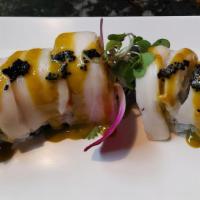 Panda Roll* · Creamy scallop, crab salad, cilantro, and yamagobo; topped with escolar, cilantro aioli, and...