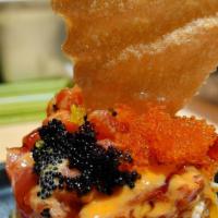 Hana Tower* · Cubed spicy tuna, crab salad, avocado, and rice layered into a tower, topped with nori and s...