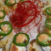 Kiss Me Mucho Roll* · Deep fried roll with spicy tuna, spicy crab, avocado, and cream cheese; topped with jalapeño...