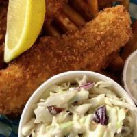 3 Pieces Wild Caught Alaskan Cod · Three pieces cod with tartar coleslaw and tots.