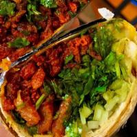 Pastor Burrito (Pork) · Beans, Rice, Onions & Cilantro
