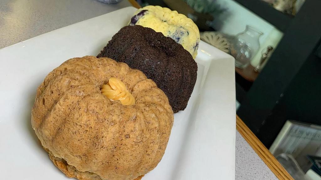 Bundt Cake Muffins · Chocolate, banana nut (gluten-free)  and blueberry.