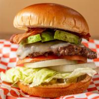 California Burger · Avocado, bacon, lettuce, tomato, pickle onion, provolone cheese.