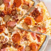 The Meatlover Delight Pizza · Pepperoni, sausage, meatballs, bacon, ham, and garlic.