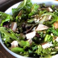 Sweet & Wild Turkey Salad · Spring mix greens tossed with sweet’n’ wild dressing, then garnished with gorgonzola cheese ...