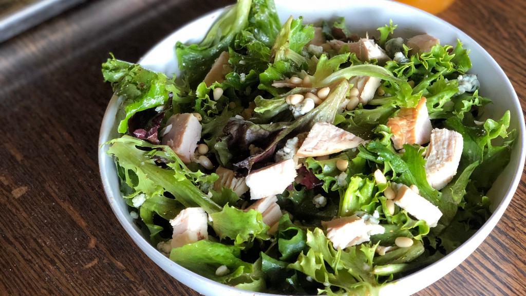 Sweet & Wild Turkey Salad · Spring mix greens tossed with sweet’n’ wild dressing, then garnished with gorgonzola cheese and roasted pine nuts.