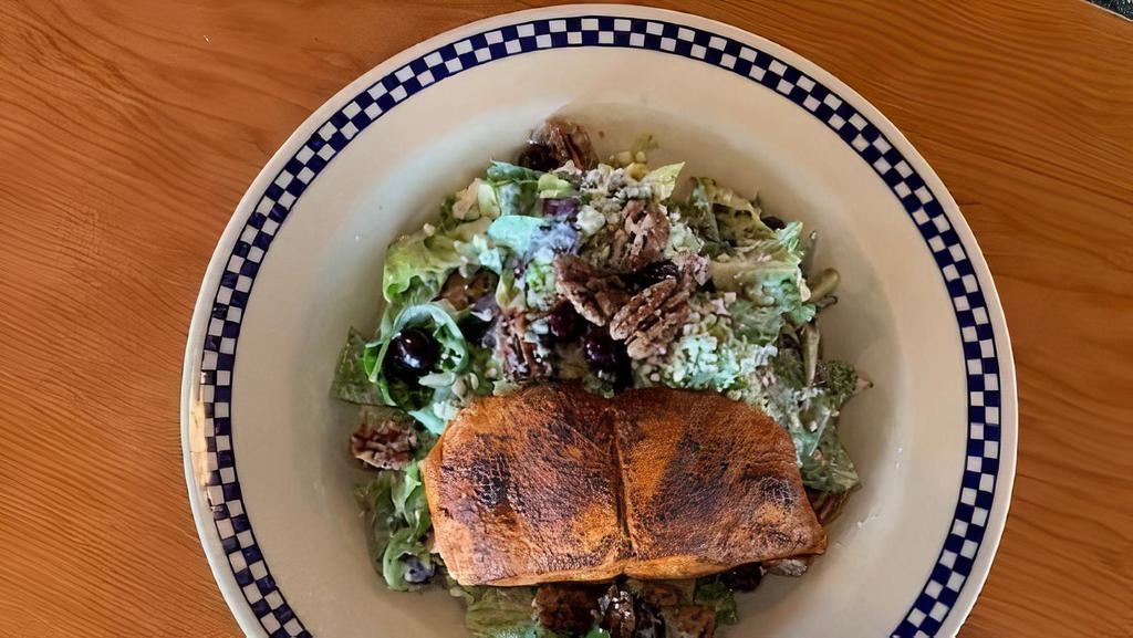 Black 'N Bleu Wild Salmon Salad · Lightly Blackened Wild Copper River Salmon with Oregon blueberries, bleu cheese crumbles, Amy’s candied pecans, organic field greens and romaine, bleu cheese dressing