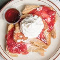 Strawberry Cream Cheese Stuffed · Two pieces of thick sliced Hawaiian toast stuffed with strawberry cream cheese, then topped ...