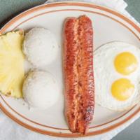 Island Favorite · Your choice of grilled spam or Portuguese sausage, two eggs any style, and sticky white Rice...