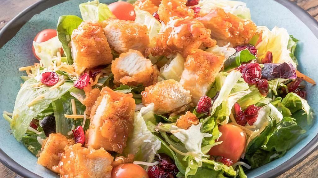 Sticky Finger Salad · Chopped Sticky Fingers, lettuce, shredded cheddar jack cheese, tomatoes, and craisins, with homemade ranch dressing on the side.
CAL. 1060 - 1250