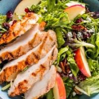 Gf Honey Ginger Chicken Salad · Grilled chicken with fresh lettuce mix, crisp apples, candied pecans, craisins and blue chee...