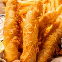 Hazy Wheat Fish & Chips · Fresh Pollock fillets hand-battered in Wingers unfiltered Hazy Wheat Hefeweizen creating a l...